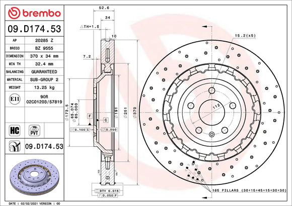 Brembo 15-18 Porsche Macan Audi RS3 2020-2017 Front Grooved UV Coated Rotor 8V0615301R