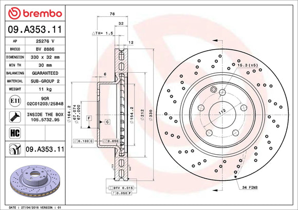Brembo 00-03 Mercedes-Benz CL500/00-02 S430/S500 Front Premium UV Coated OE Equivalent Rotor A2204212512