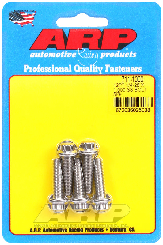 ARP 1/4in-28 x 1.000 12pt SS Bolts (5/pkg)