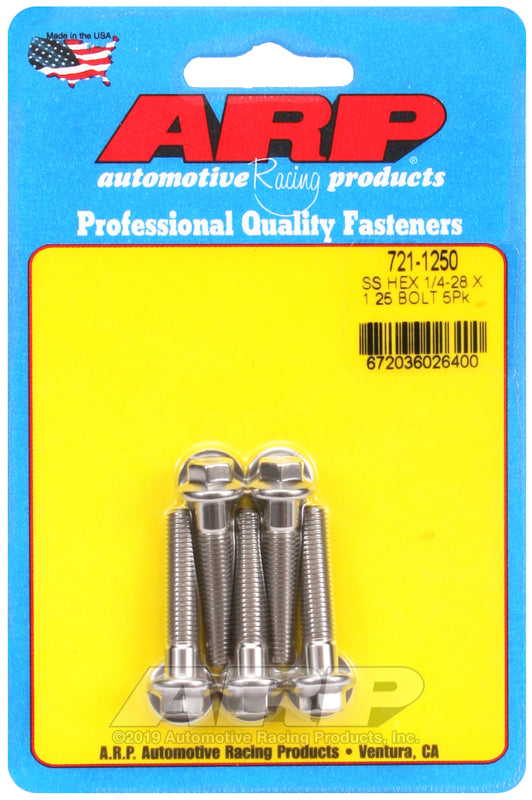 1/4-28 X 1.250 SS HEX 5PK