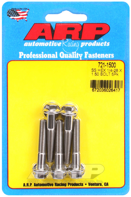 1/4-28 X 1.500 SS HEX 5PK