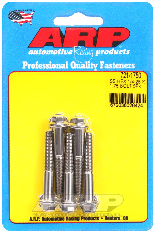 1/4-28 X 1.750 SS HEX 5PK