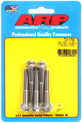 1/4-28 X 1.750 SS HEX 5PK