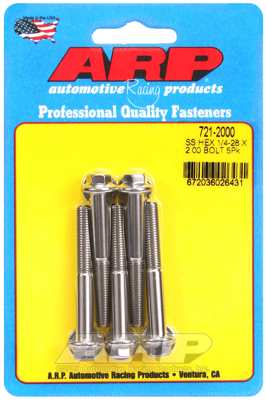 1/4-28 X 2.000 SS HEX 5PK