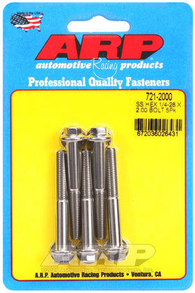 1/4-28 X 2.000 SS HEX 5PK