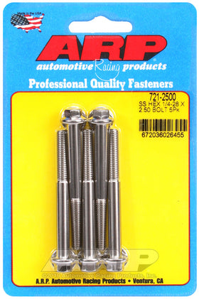 1/4-28 X 2.500 SS HEX 5PK
