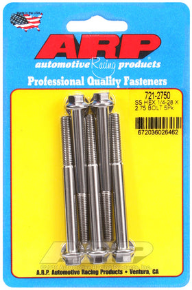 1/4-28 X 2.750 SS HEX 5PK