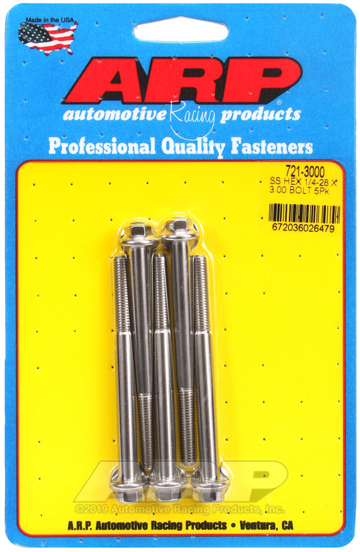 1/4-28 X 3.000 SS HEX 5PK