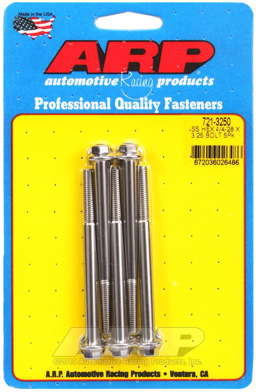 1/4-28 X 3.250 SS HEX 5PK