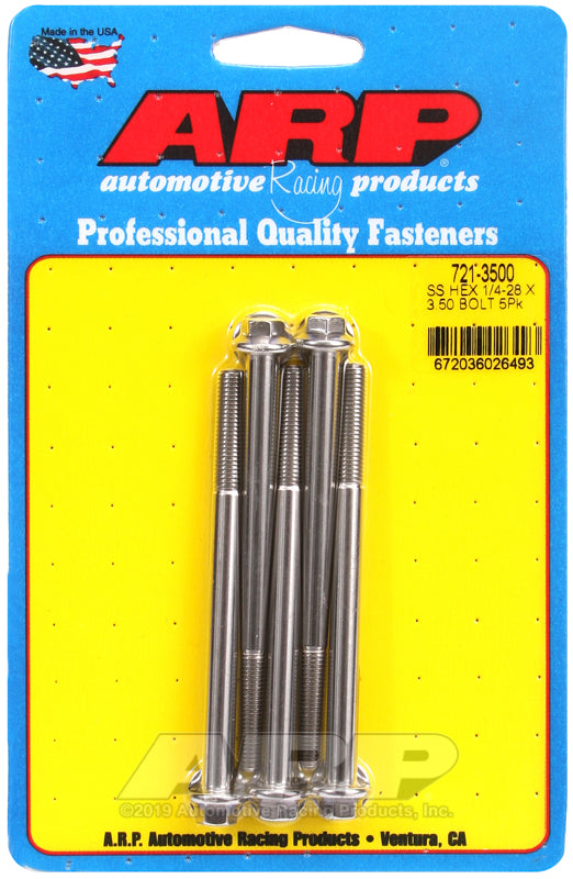 1/4-28 X 3.500 SS HEX 5PK