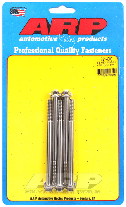 1/4-28 X 4.000 SS HEX 5PK