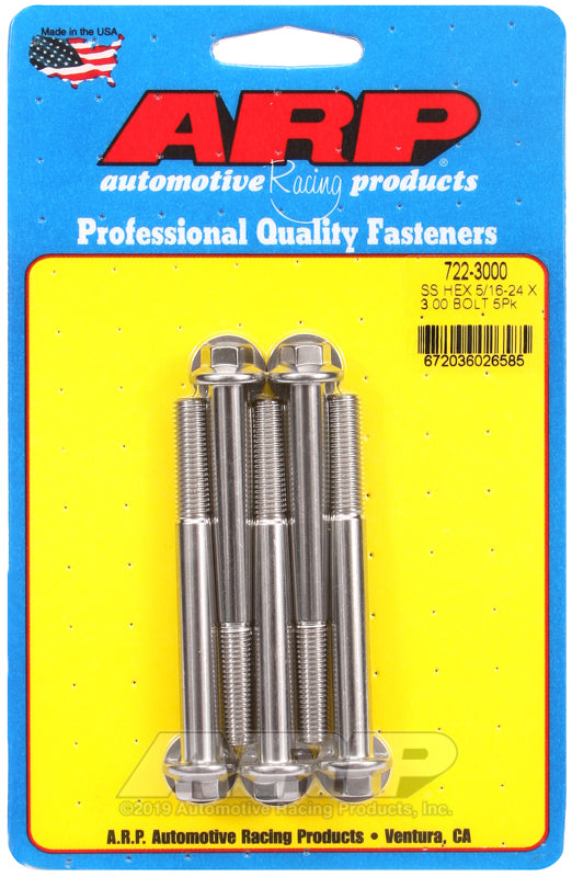 ARP 5/16 in.-24 RH Thread, 3.000 in Hex Head SS 300 Bolts - Set of 5