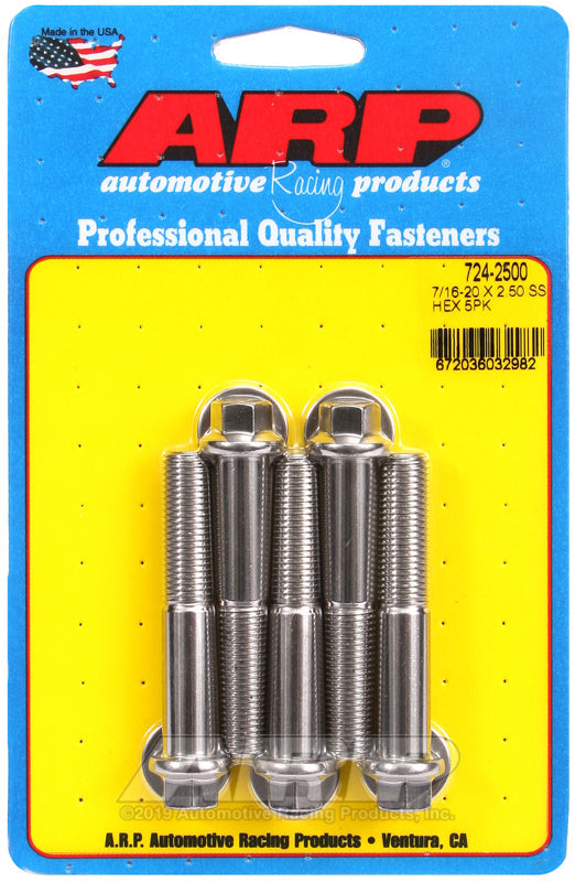 7/16-20 X 2.500 SS HEX 5PK