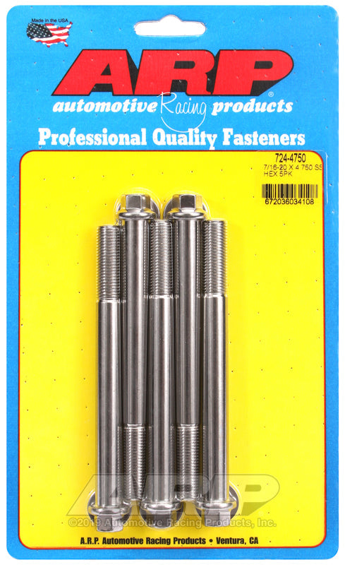 7/16-20 X 4.750 SS HEX 5PK