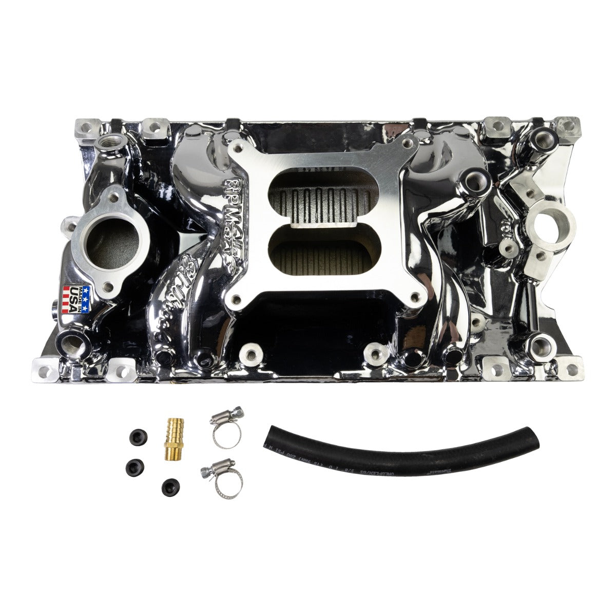 Edelbrock RPM Air-Gap Manifold for Small-Block Chevy Vortec, Chrome Plasma