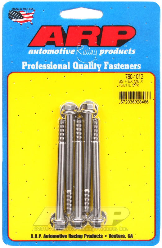 M6 X 1.00 X 75 SS HEX 5PK