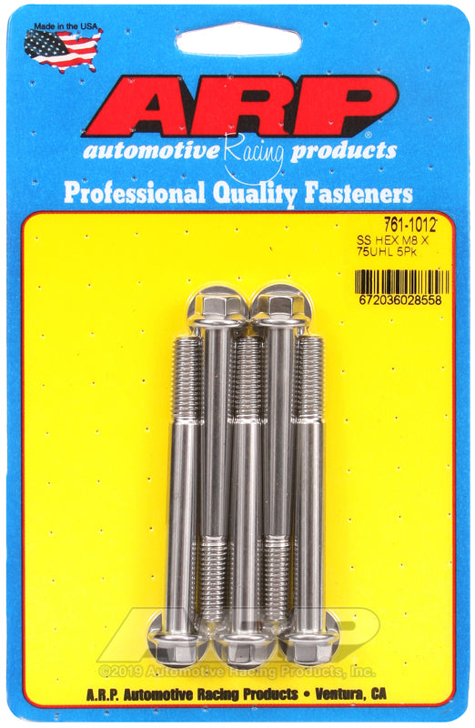 M8 X 1.25 X 75 SS HEX 5PK