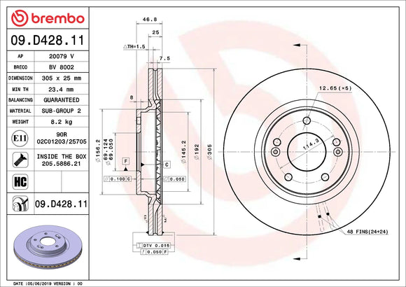 Brembo 17-20 Hyundai Elantra/18-20 Elantra GT Front Premium UV Coated OE Equivalent Rotor 51712C1000
