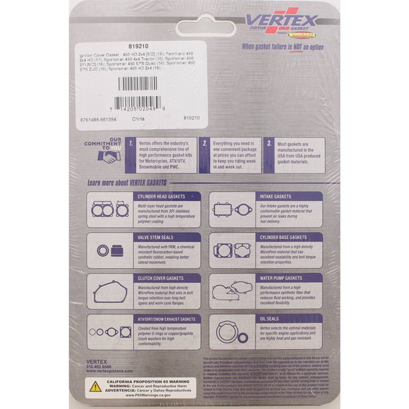 Vertex Gaskets 2016 Polaris 450 HO 2x4 MD Ignition Cover Gasket Kit