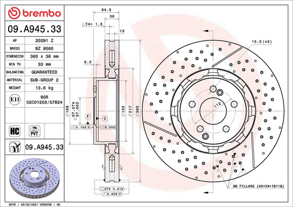 Brembo 17-22 Porsche 718 Boxster/718 Cayman/09-16 Porsche 911 Front Right Drilled UV Coated Rotor A2124210512
