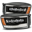 AlphaRex 06-08 Dodge Ram 1500HD NOVA LED ProjHeadlights Plank Style Blk w/Seq Signal/DRL/Amber LED-1