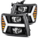 AlphaRex 07-13 Chevy 1500 LUXX LED Proj Headlights Plank Style Jet Blk w/ Activ Light/Seq Signal/DRL-1