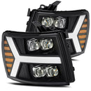 AlphaRex 07-13 Chevy 1500HD NOVA LED Proj Headlights Plank Style Matte Blk w/Activ Light/Seq Signal-1