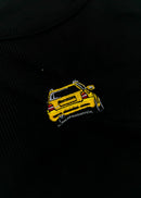 A black Audi crop top for women. Photo is a close up view of the top with an embroidered imola yellow Audi B5 RS4. Fabric composition is polyester, and elastine. The material is stretchy, ribbed, and non-transparent. The style of this shirt is sleeveless, with a crewneck neckline.