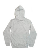 A grey Audi unisex hoodie for men and women. Photo is a back view of the sweater with an embroidered Nogaro Blue Audi 80 RS2 Avant made by Porsche. Fabric composition is cotton, polyester, and rayon. The material is very soft, stretchy, and non-transparent. The style of this hoodie is long sleeve, crewneck with a hood, hooded, with embroidery on the left chest.