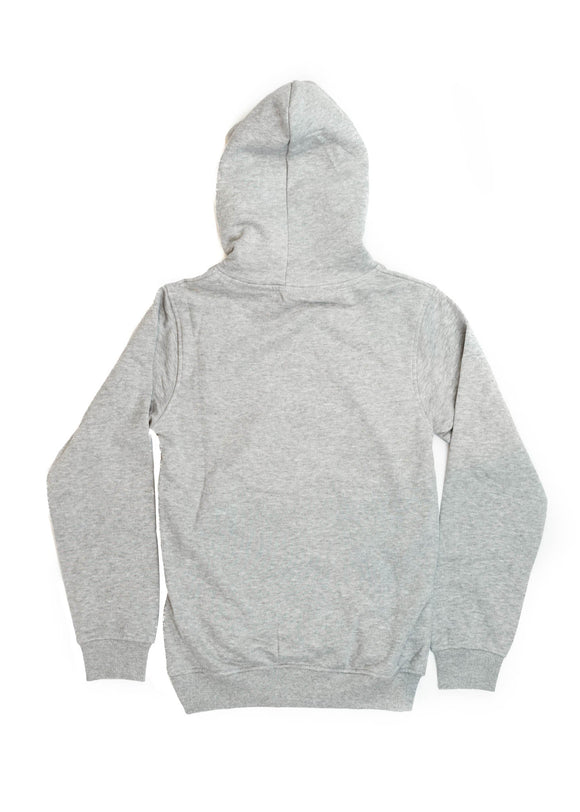A grey Audi unisex hoodie for men and women. Photo is a back view of the sweater with an embroidered Nogaro Blue Audi 80 RS2 Avant made by Porsche. Fabric composition is cotton, polyester, and rayon. The material is very soft, stretchy, and non-transparent. The style of this hoodie is long sleeve, crewneck with a hood, hooded, with embroidery on the left chest.