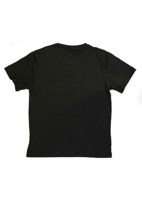 A black Audi t-shirt for men. Photo is a back view of the shirt with an embroidered a Nogaro Blue Audi 80 Avant made by Porsche. Fabric composition is 100% polyester. The material is very soft, stretchy, non-transparent. The style of this shirt is short sleeve, with a crewneck neckline.