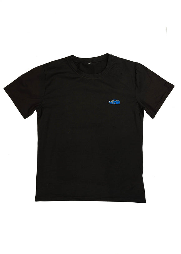 A black Audi t-shirt for men. Photo is a front view of the shirt with an embroidered a Nogaro Blue Audi 80 Avant made by Porsche. Fabric composition is 100% polyester. The material is very soft, stretchy, non-transparent. The style of this shirt is short sleeve, with a crewneck neckline.