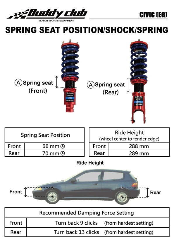 Buddy Club Sport Spec Damper Coilovers Kit Honda Civic 92-00. Integra 94-01 EG/E