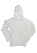 A white BMW/Bimmer unisex hoodie for men and women. Photo is the back of the sweater with an embroidered Red BMW E30 M3 doing a burnout. Fabric composition is cotton, polyester, and rayon. The material is very soft, stretchy, and non-transparent. The style of this hoodie is long sleeve, crewneck with a hood, hooded, with embroidery on the left chest.