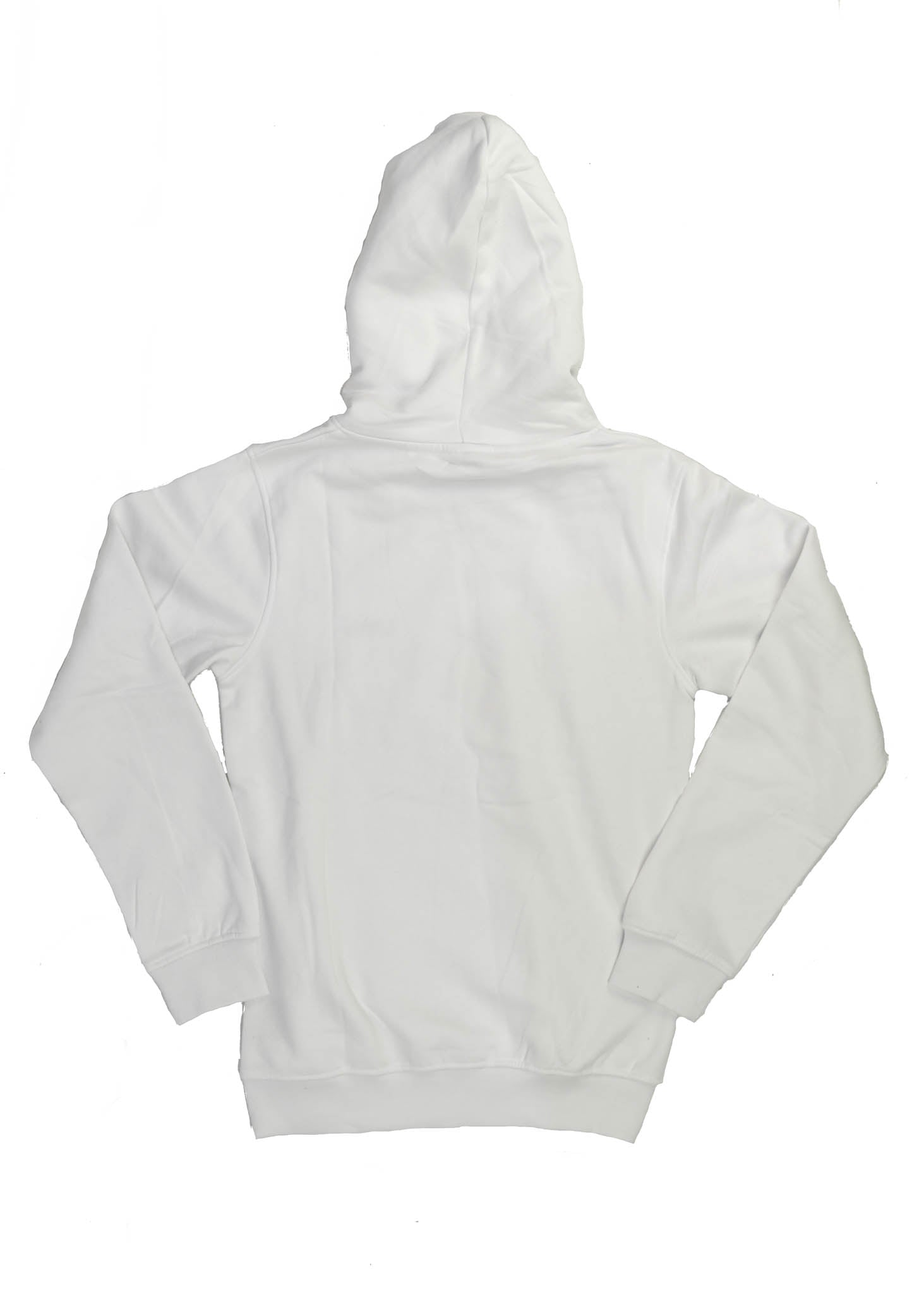 A white BMW/Bimmer unisex hoodie for men and women. Photo is the back of the sweater with an embroidered Red BMW E30 M3 doing a burnout. Fabric composition is cotton, polyester, and rayon. The material is very soft, stretchy, and non-transparent. The style of this hoodie is long sleeve, crewneck with a hood, hooded, with embroidery on the left chest.