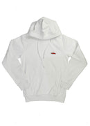 A white BMW/Bimmer unisex hoodie for men and women. Photo is the front of the sweater with an embroidered Red BMW E30 M3 doing a burnout. Fabric composition is cotton, polyester, and rayon. The material is very soft, stretchy, and non-transparent. The style of this hoodie is long sleeve, crewneck with a hood, hooded, with embroidery on the left chest.