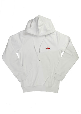A white BMW/Bimmer unisex hoodie for men and women. Photo is the front of the sweater with an embroidered Red BMW E30 M3 doing a burnout. Fabric composition is cotton, polyester, and rayon. The material is very soft, stretchy, and non-transparent. The style of this hoodie is long sleeve, crewneck with a hood, hooded, with embroidery on the left chest.
