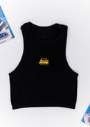 A black Audi crop top for women. Photo is a front view of the top with an embroidered imola yellow Audi B5 RS4. Fabric composition is polyester, and elastine. The material is stretchy, ribbed, and non-transparent. The style of this shirt is sleeveless, with a crewneck neckline.