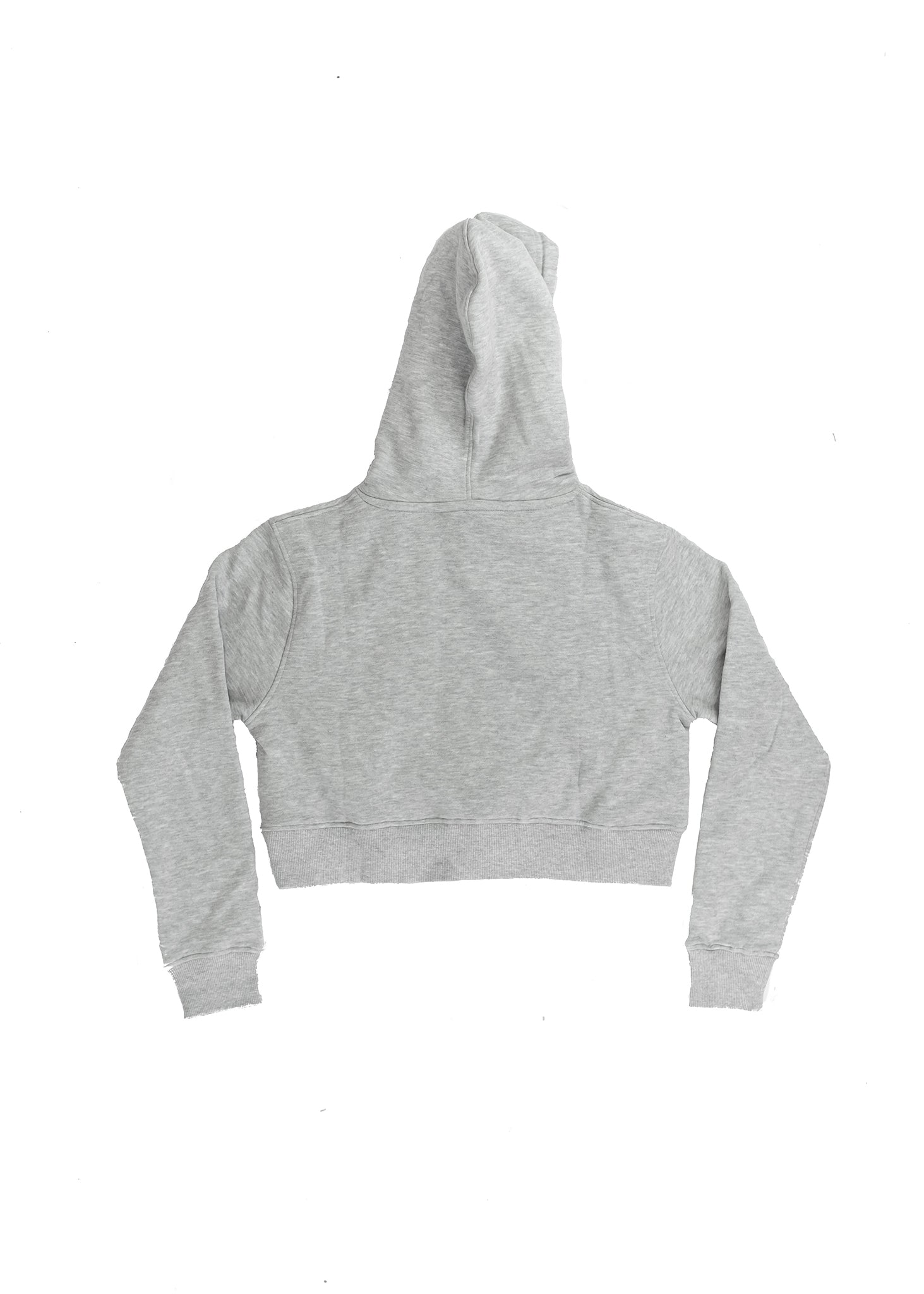 A women's light grey high quality cropped hoodie. Full size view of the back side of a grey cropped sweater with a red embroidered F40. Fabric composition of this cropped sweater is polyester and cotton. The material is very soft, stretchy, and non-transparent. The style of this crop hoodie is a crewneck, drawstring hoodie, hooded, long sleeve, cropped, with embroidery on the left chest.