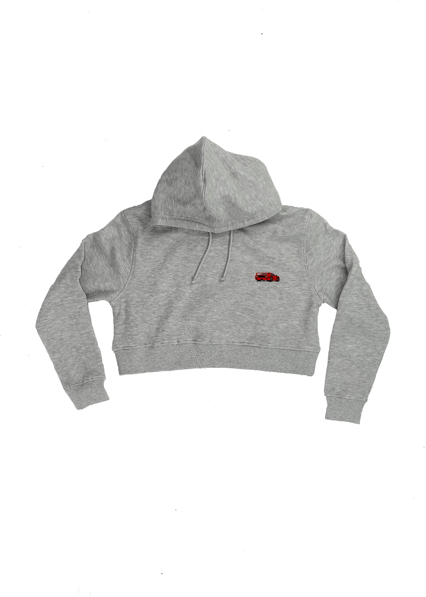A light grey women's high quality cropped hoodie. Full size front view of the grey sweater with a red embroidered F40. Fabric composition of this cropped sweater is polyester and cotton. The material is very soft, stretchy, and non-transparent. The style of this crop hoodie is a crewneck, drawstring hoodie, hooded, long sleeve, cropped, with embroidery on the left chest.