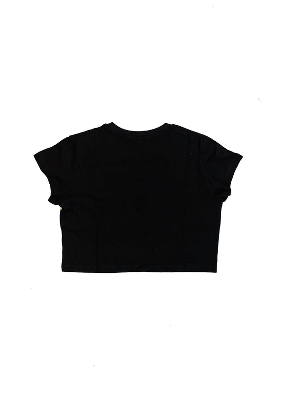 A black women's high quality cropped t-shirt. Full size view of the back side of a black cropped shirt with a red embroidered F40. Fabric composition of this tee is 100% cotton. The material is very soft, stretchy, and non-transparent. The style of this tshirt is a crewneck, short sleeve, cropped at the waist, with embroidery on the left chest.