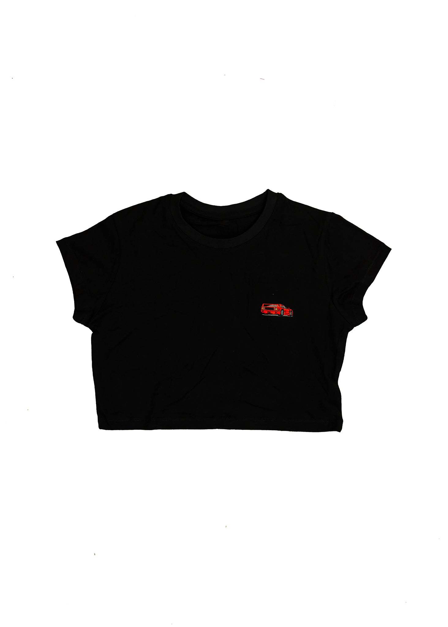 A black women's high quality cropped t-shirt. Full size front view of the black shirt with a red embroidered F40. Fabric composition of this tee is 100% cotton. The material is very soft, stretchy, and non-transparent. The style of this tshirt is a crewneck, short sleeve, cropped at the waist, with embroidery on the left chest.