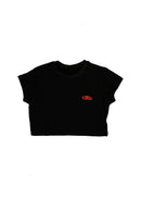 A black women's high quality cropped t-shirt. Full size front view of the black shirt with a red embroidered F40. Fabric composition of this tee is 100% cotton. The material is very soft, stretchy, and non-transparent. The style of this tshirt is a crewneck, short sleeve, cropped at the waist, with embroidery on the left chest.