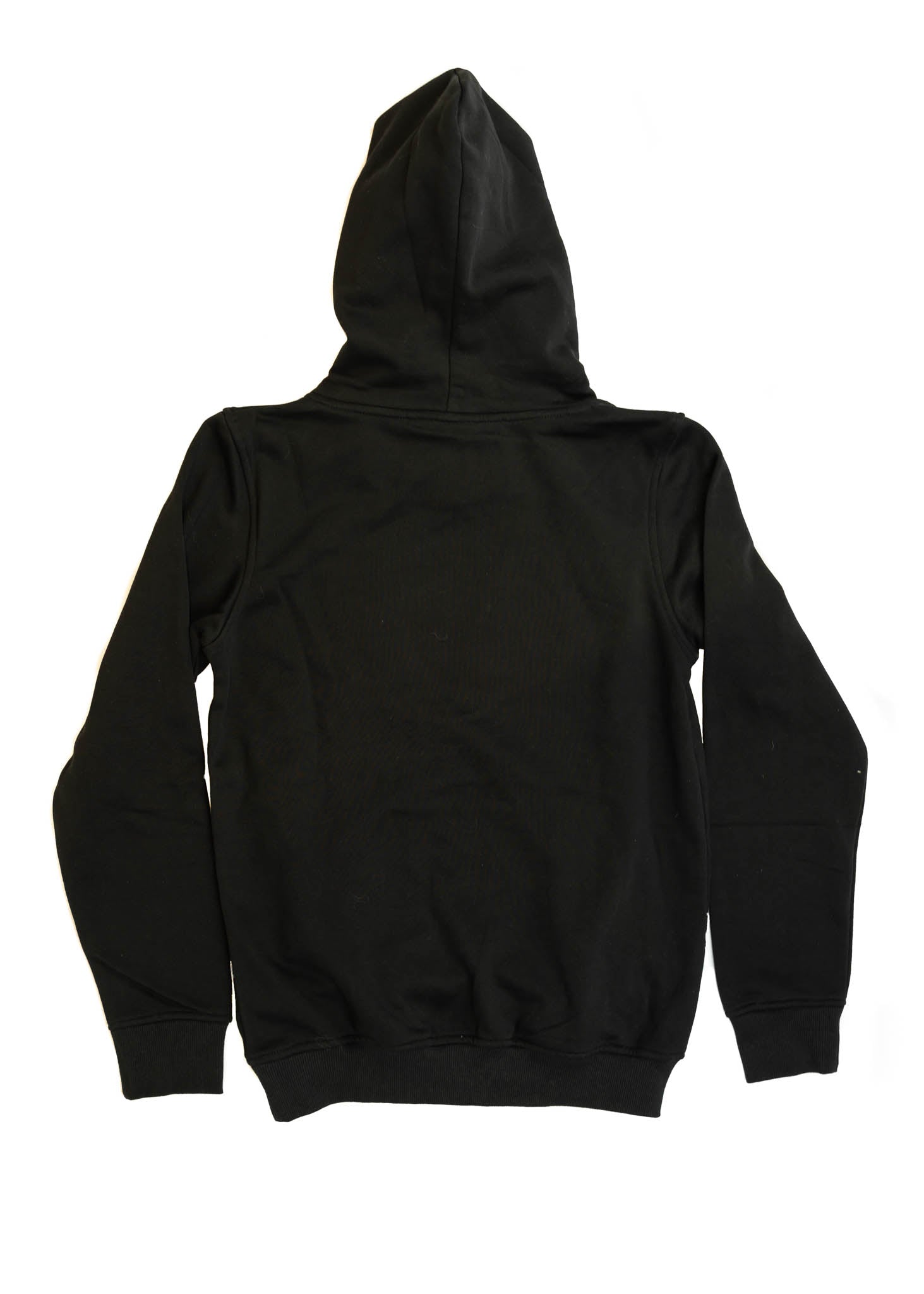 A black unisex hoodie for men and women. Full size view of the back side of a black sweater with a red embroidered F40. Fabric composition is cotton, polyester, and rayon. The material is very soft, stretchy, and non-transparent. The style of this hoodie is long sleeve, crewneck with a hood, hooded, with embroidery on the left chest.