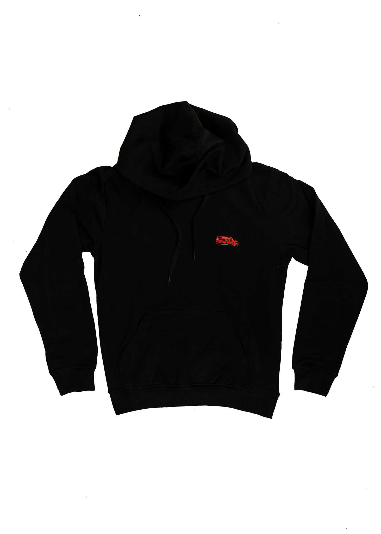 A black unisex hoodie for men and women. Full size front view of the black sweater with a red embroidered F40. Fabric composition is cotton, polyester, and rayon. The material is very soft, stretchy, and non-transparent. The style of this hoodie is long sleeve, crewneck with a hood, hooded, with embroidery on the left chest.