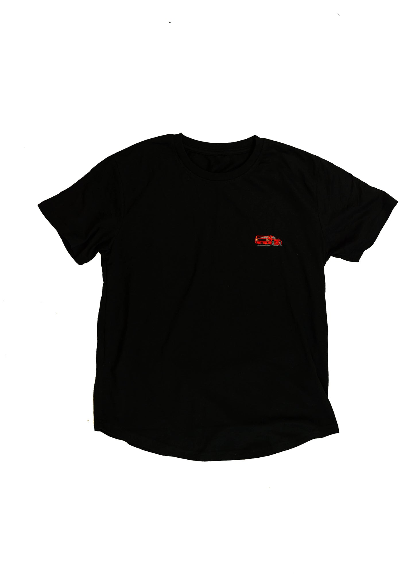 A black men's cotton t-shirt. Full size front view of the black shirt with a red embroidered F40. Fabric composition is a mix of polyester and cotton. The material is very soft, stretchy, and non-transparent. The style of this t-shirt is short sleeve, round bottom, crewneck, with embroidery on the left chest.