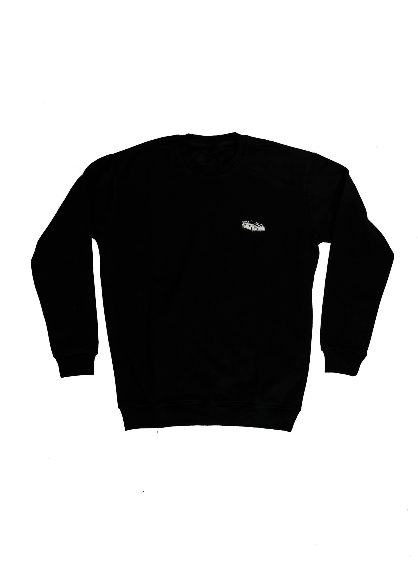A black men's high quality crewneck sweater. Full size front view of the black sweater with a white, silver, and carbon fiber embroidered 991.2 GT2 RS. Fabric composition is a mix of cotton and polyester. The material is very soft, stretchy, and non-transparent. The style of this sweater is a crewneck, long sleeve, elastic bottom, with embroidery on the left chest.