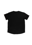 A black men's cotton t-shirt. Full size view of the back side of a black shirt with a white, silver, and carbon fiber embroidered GT2 RS. Fabric composition of the shirt is polyester and cotton. The material is very soft, stretchy, and non-transparent. The style of this t-shirt is short sleeve, round bottom, crewneck, with embroidery on the left chest.