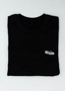 Close up of an embroidered 991.2 GT2 RS on a black men's cotton t-shirt. Photo shows the high quality detailed embroidery of a white, silver, and carbon fiber GT2 RS. Fabric composition of the shirt is polyester and cotton. The material is very soft, stretchy, and non-transparent. The style of this t-shirt is short sleeve, round bottom, crewneck, with embroidery on the left chest.