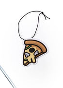 A pizzabrand black olives, mushroom, and green peppers pizza air freshener. Photo is a close up of the car air freshener with string.
